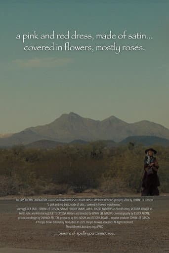 a pink and red dress, made of satin… covered in flowers, mostly roses